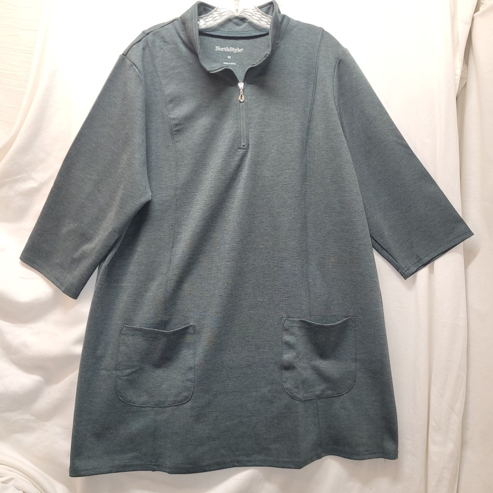 NorthStyle Womens 1X 1/4 Zip Mock Neck 3/4 Slv Tunic Top Pockets Green Stretch